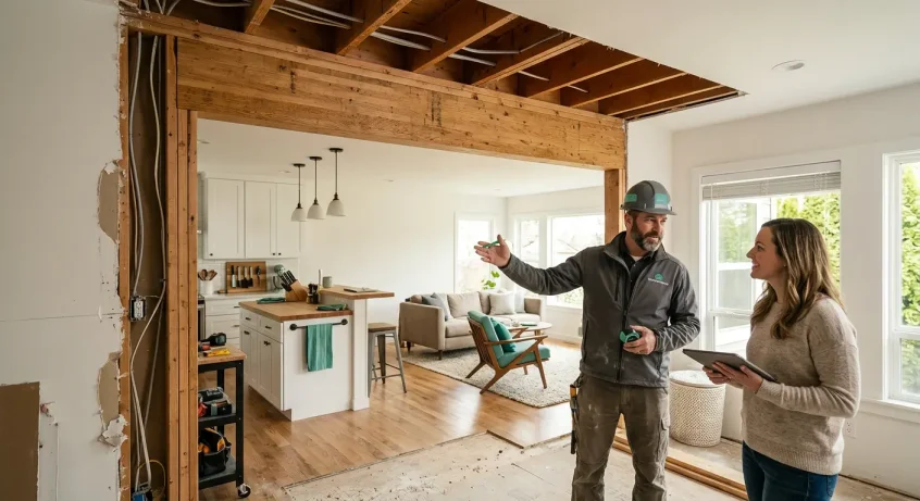 home owner and working discussing the load bearing wall removal prosses in the home